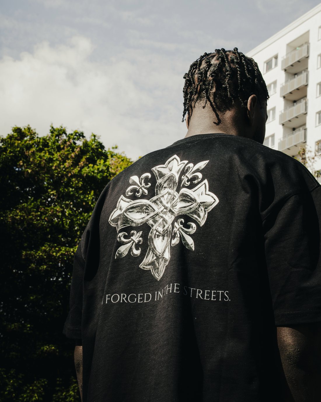The Forge Tee back print, Hamburg high-rise behind