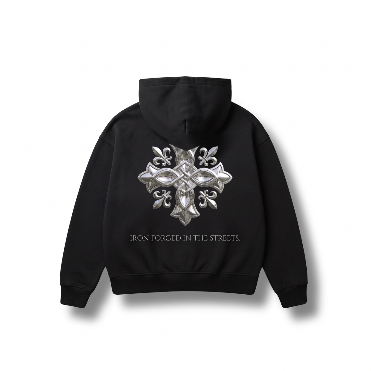 Saint Ferro The Forge Hoodie — Ferro Black, forged cross across the back, Drop 001