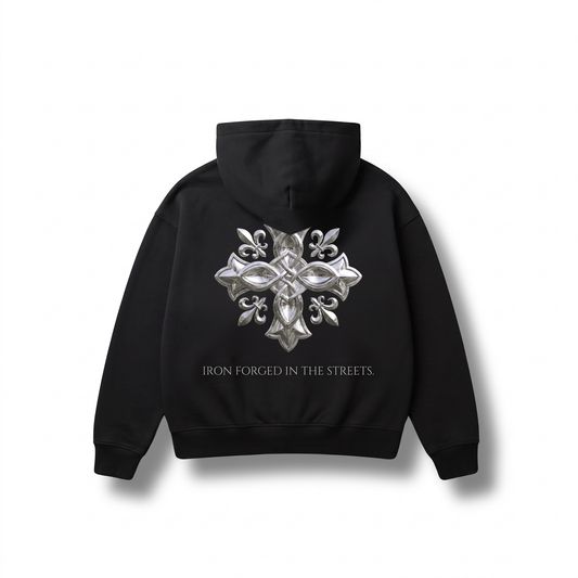 Saint Ferro The Forge Hoodie — Ferro Black, forged cross across the back, Drop 001