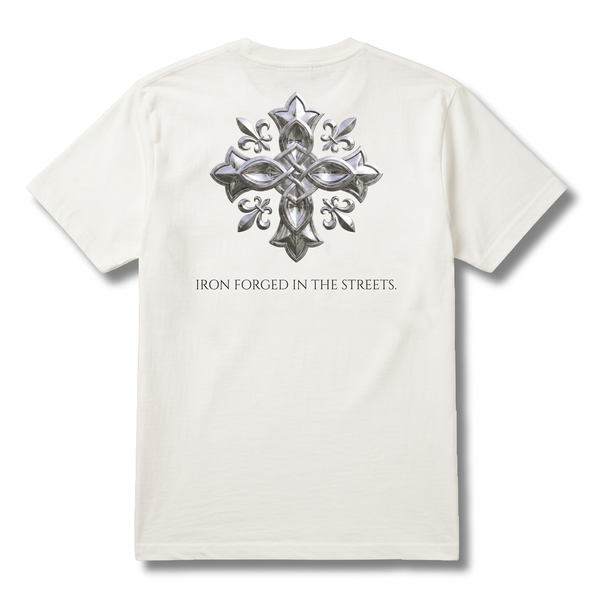 Saint Ferro The Forge Tee — Marshmallow White, forged cross across the back, Drop 001