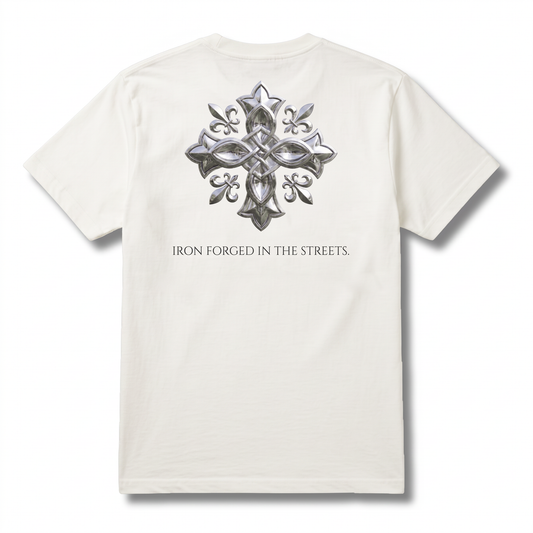Saint Ferro The Forge Tee — Marshmallow White, forged cross across the back, Drop 001