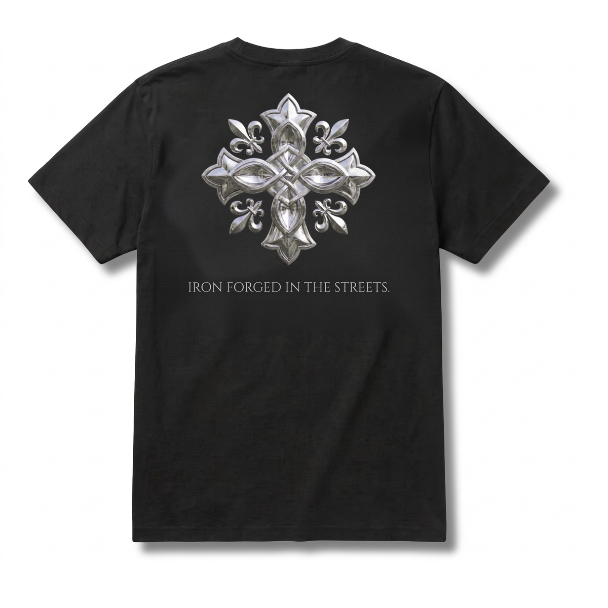 Saint Ferro The Forge Tee — Ferro Black, forged cross across the back, Drop 001