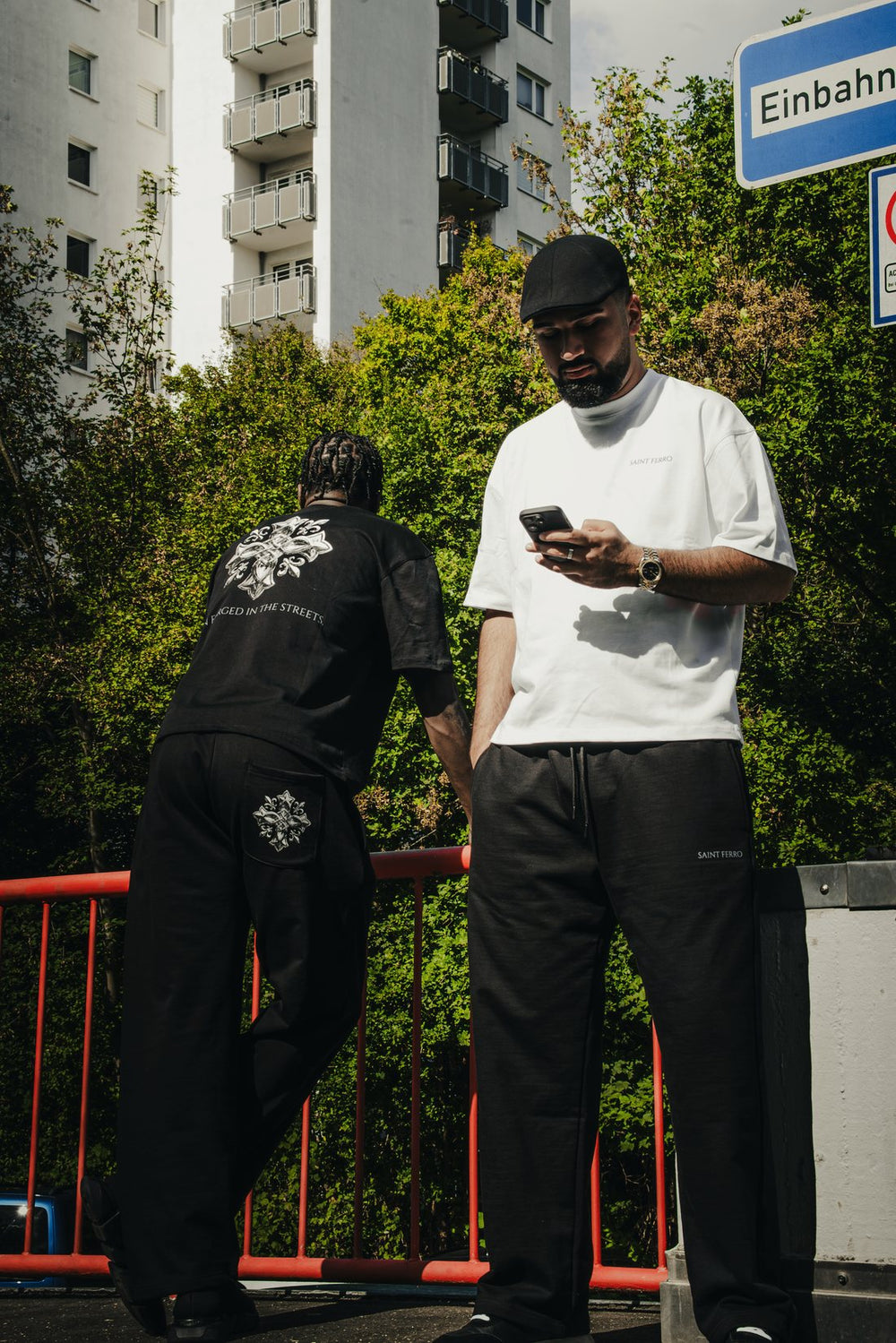 The Forge Tee and Jogger on a Hamburg street