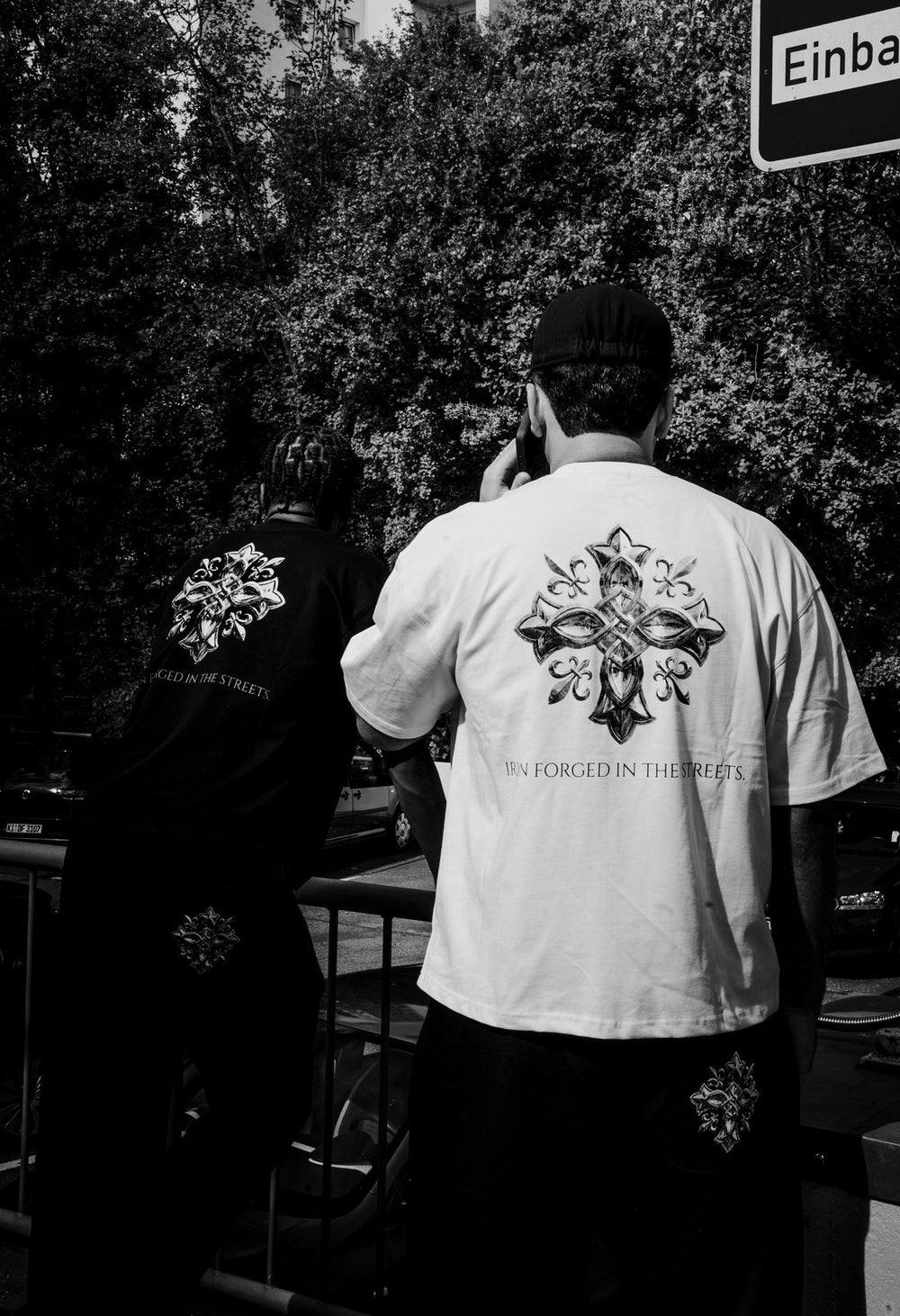 Two The Forge Tee back prints, black and white street shot