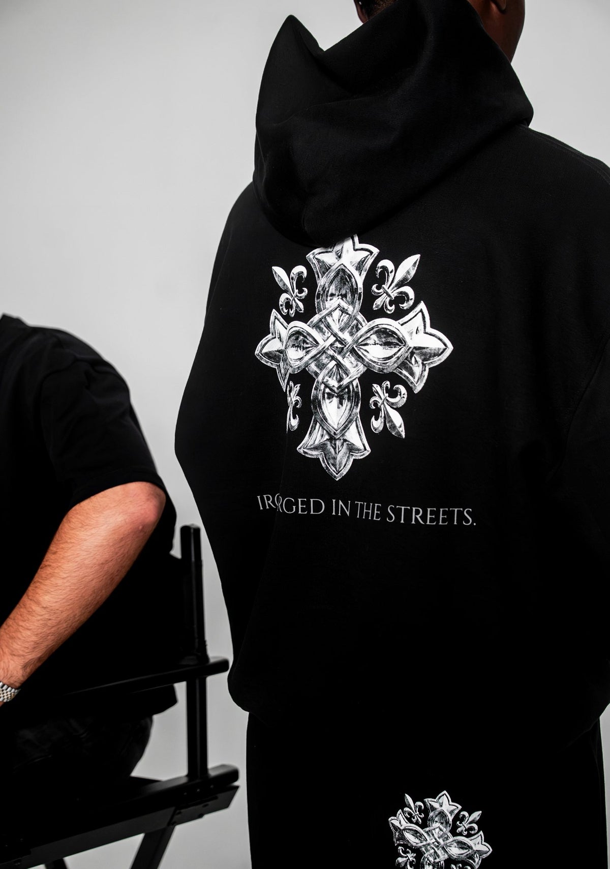 The Forge Hoodie and Jogger, back print and pocket cross