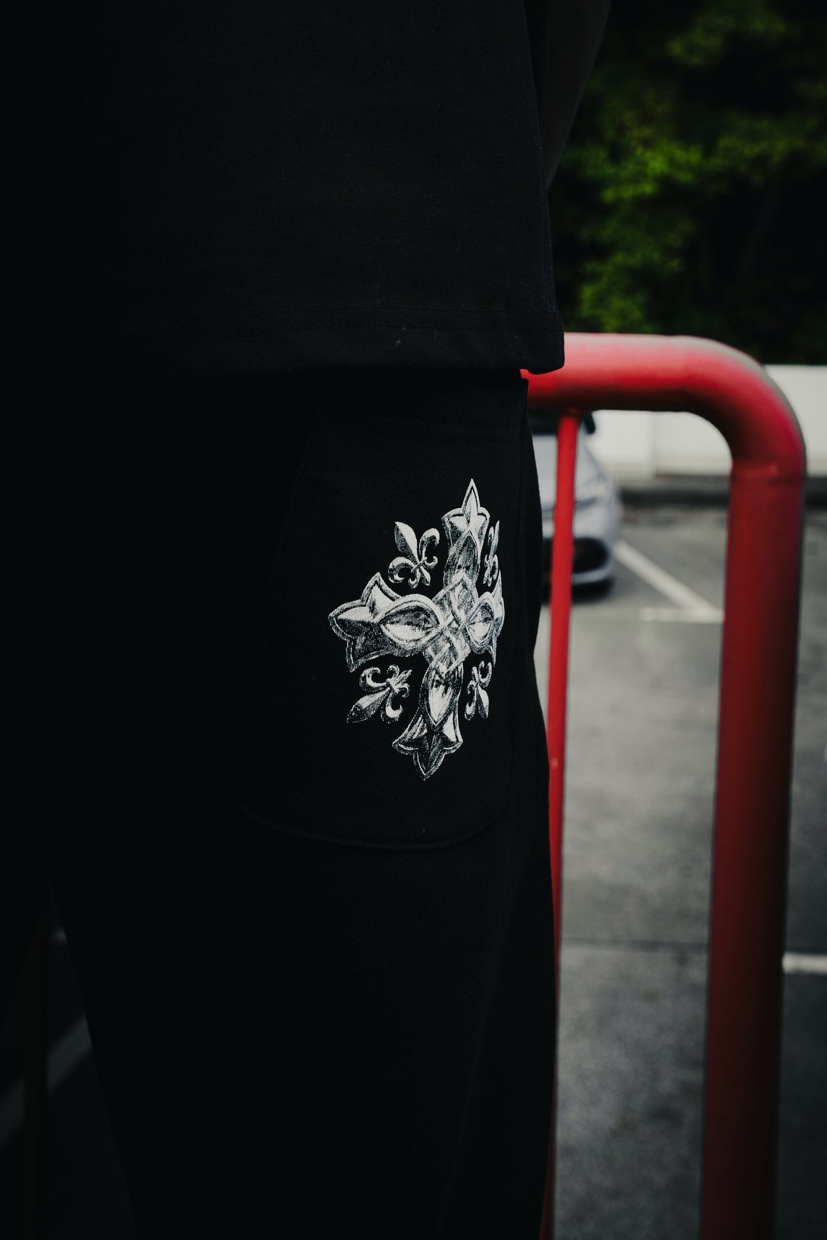 The Forge Jogger on the street, cross on the back pocket
