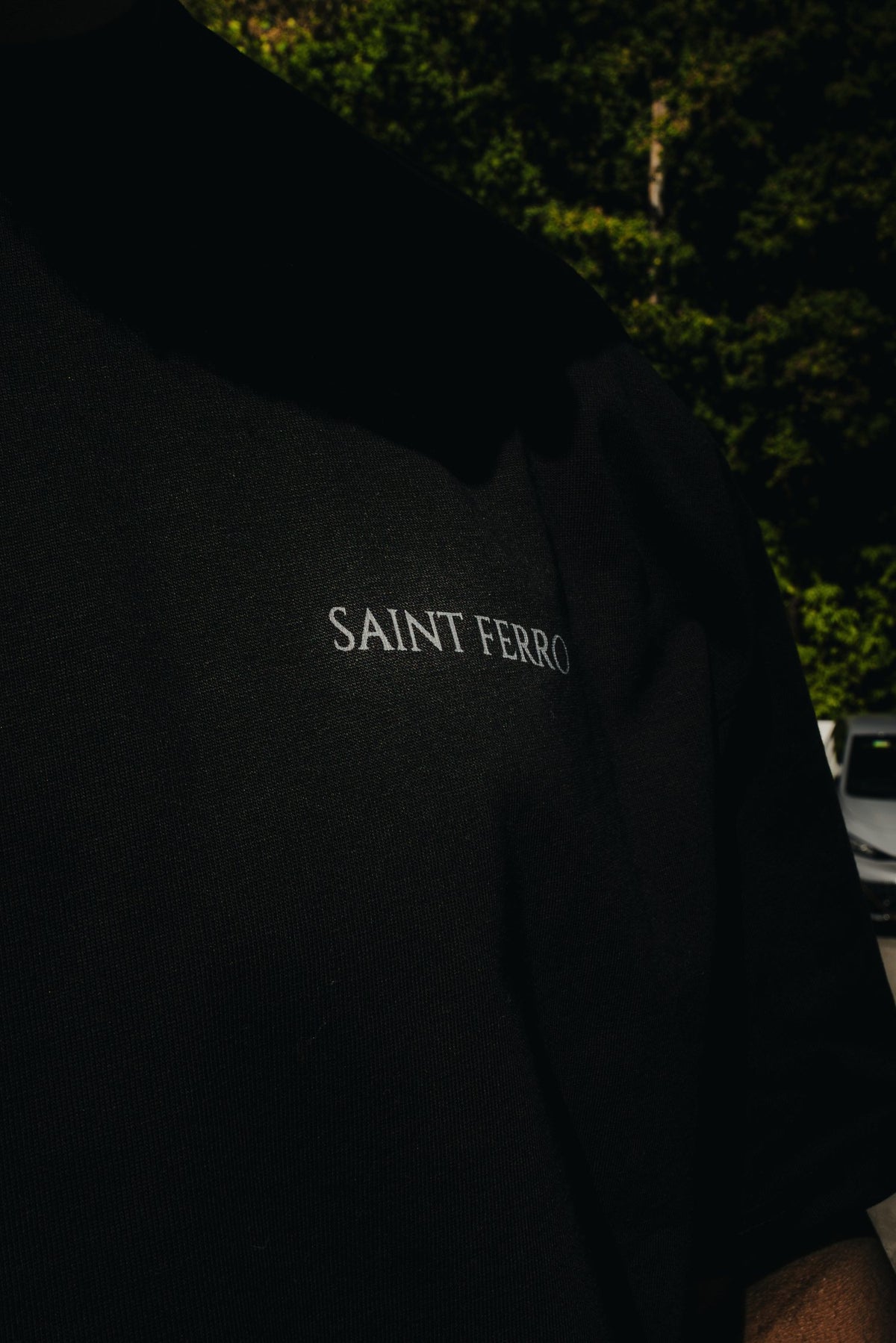 The Forge Tee in Ferro Black, chest mark, street