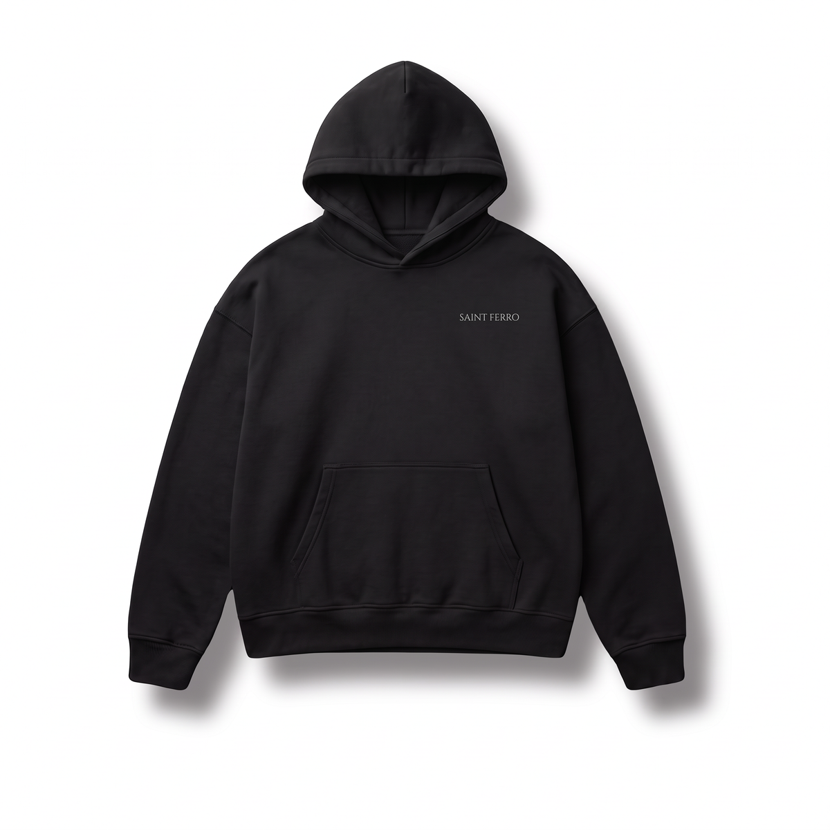 Saint Ferro The Forge Hoodie — Ferro Black, Vorderseite mit SAINT FERRO auf der linken Brust, Drop 001