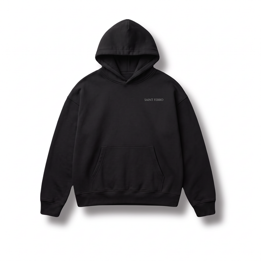 Saint Ferro The Forge Hoodie — Ferro Black, Vorderseite mit SAINT FERRO auf der linken Brust, Drop 001